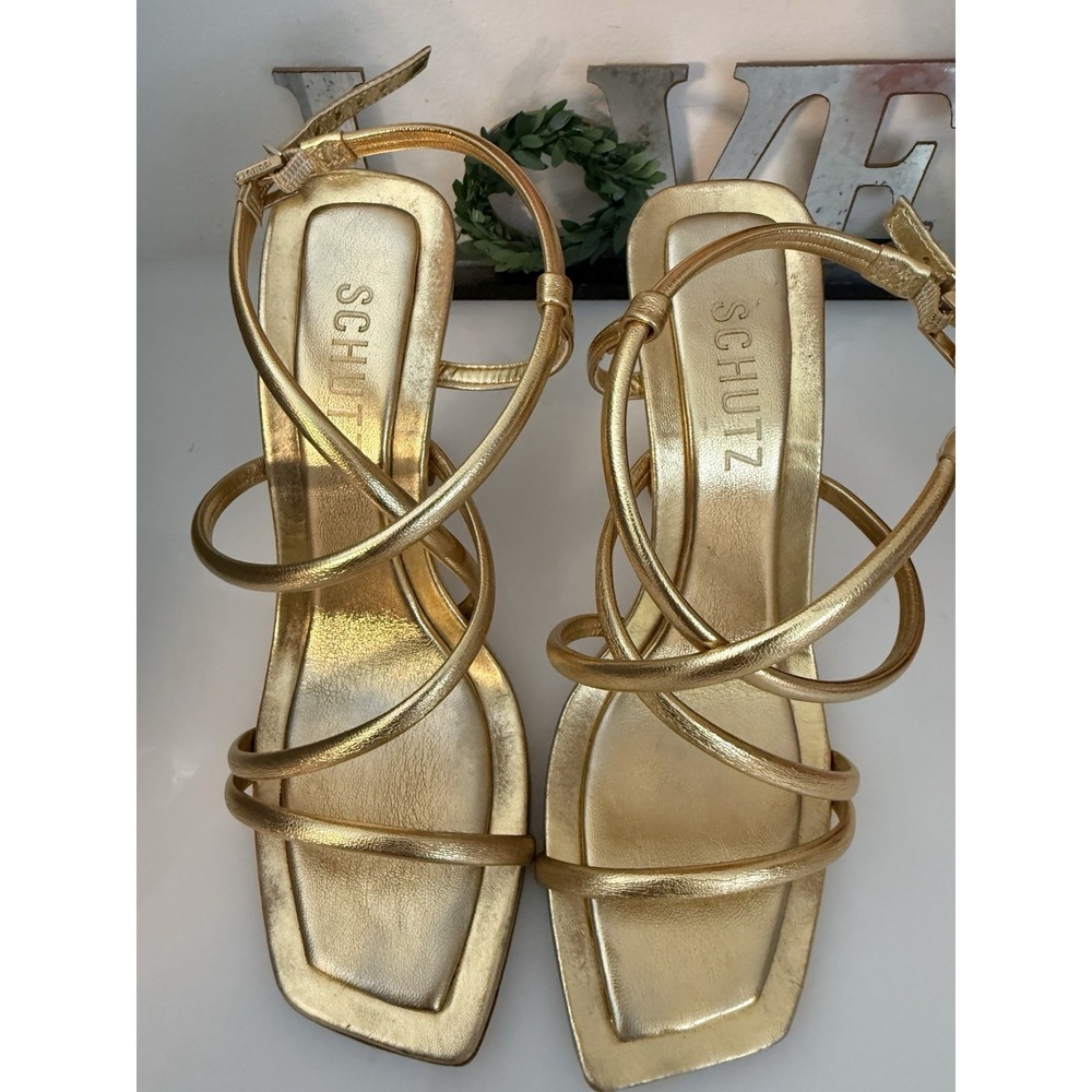 Schutz Womens Lovi Metallic Gold Tone Leather Strappy 4.5" Square Heels Sz 7.5B - Picture 4 of 16